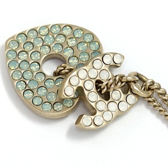 CHANEL CC Logo Rhinestone Heart Charm Necklace 17" Gold Tone 08P Auth w/Box h113 - Picture 4 of 7